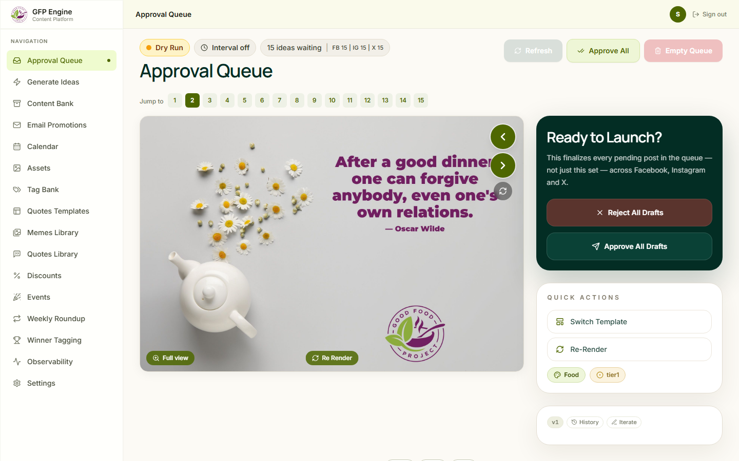 Good Food Project platform variants in the approval queue